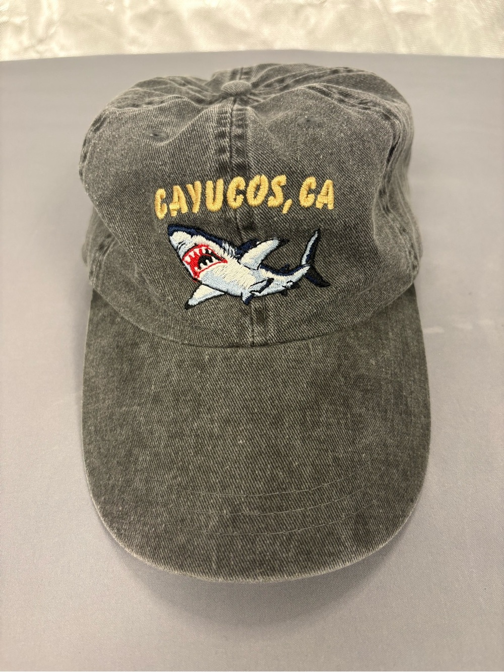 Cayucos CA Shark Embroidered Gray Washed Dad Hat Adjustable